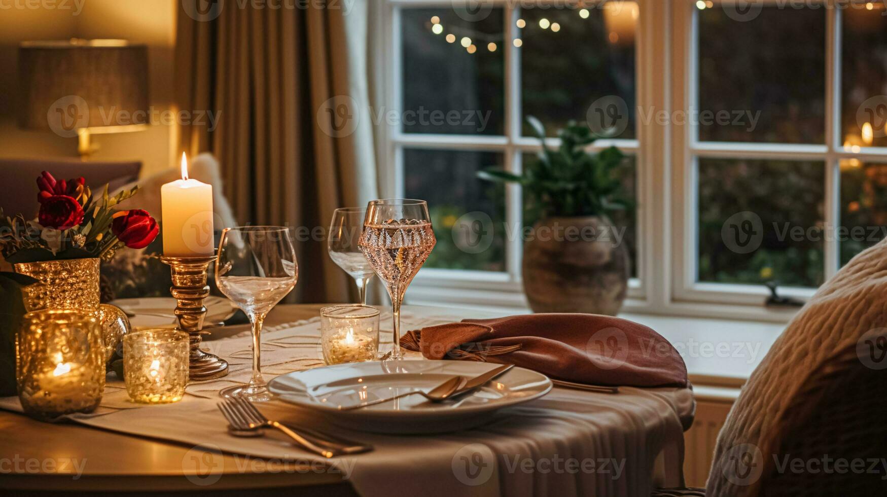 AI generated Holiday dinner at home, table decor photo
