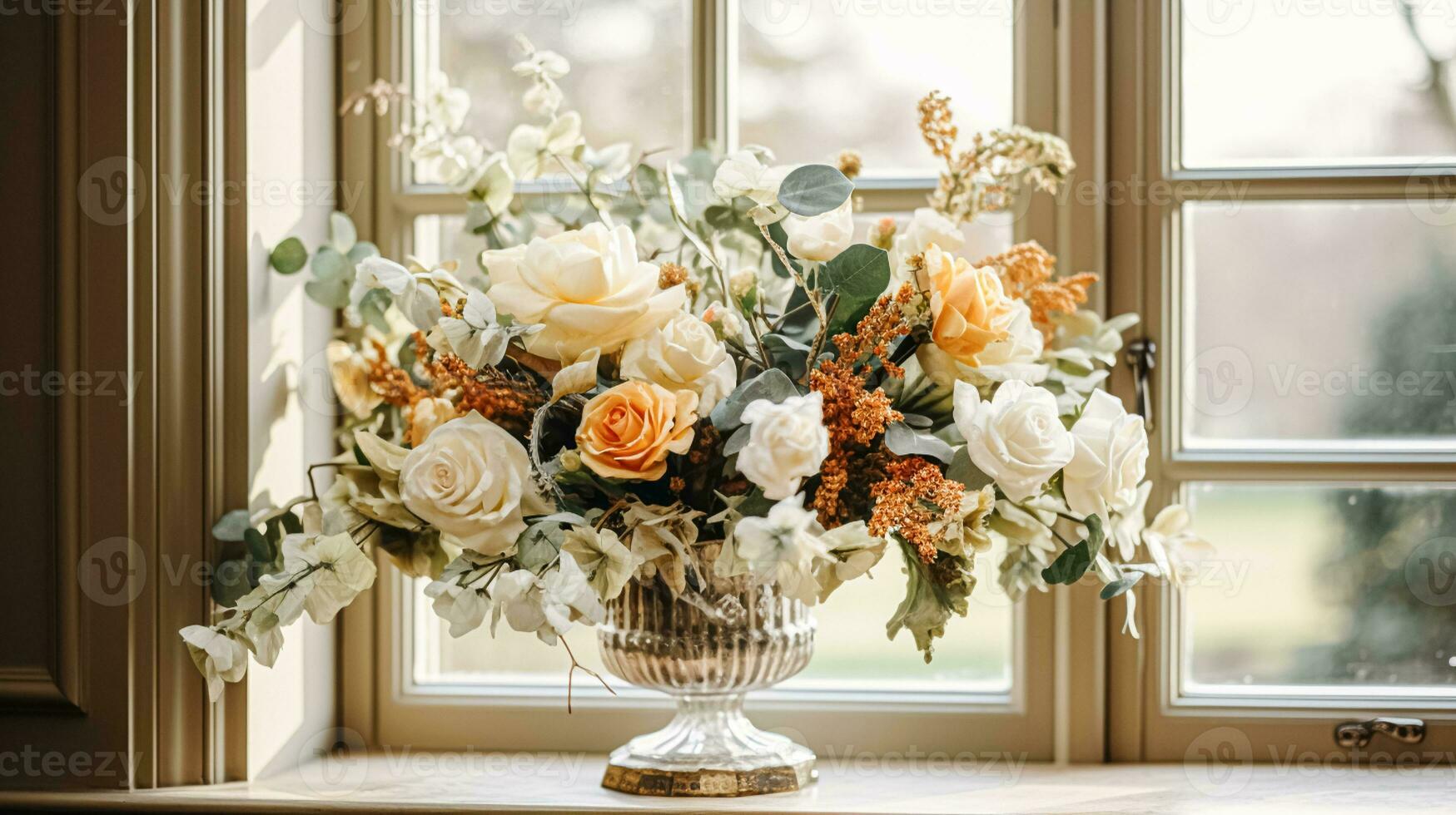 AI generated Floral arrangement with winter, autumn or early spring botanical plants and flowers photo