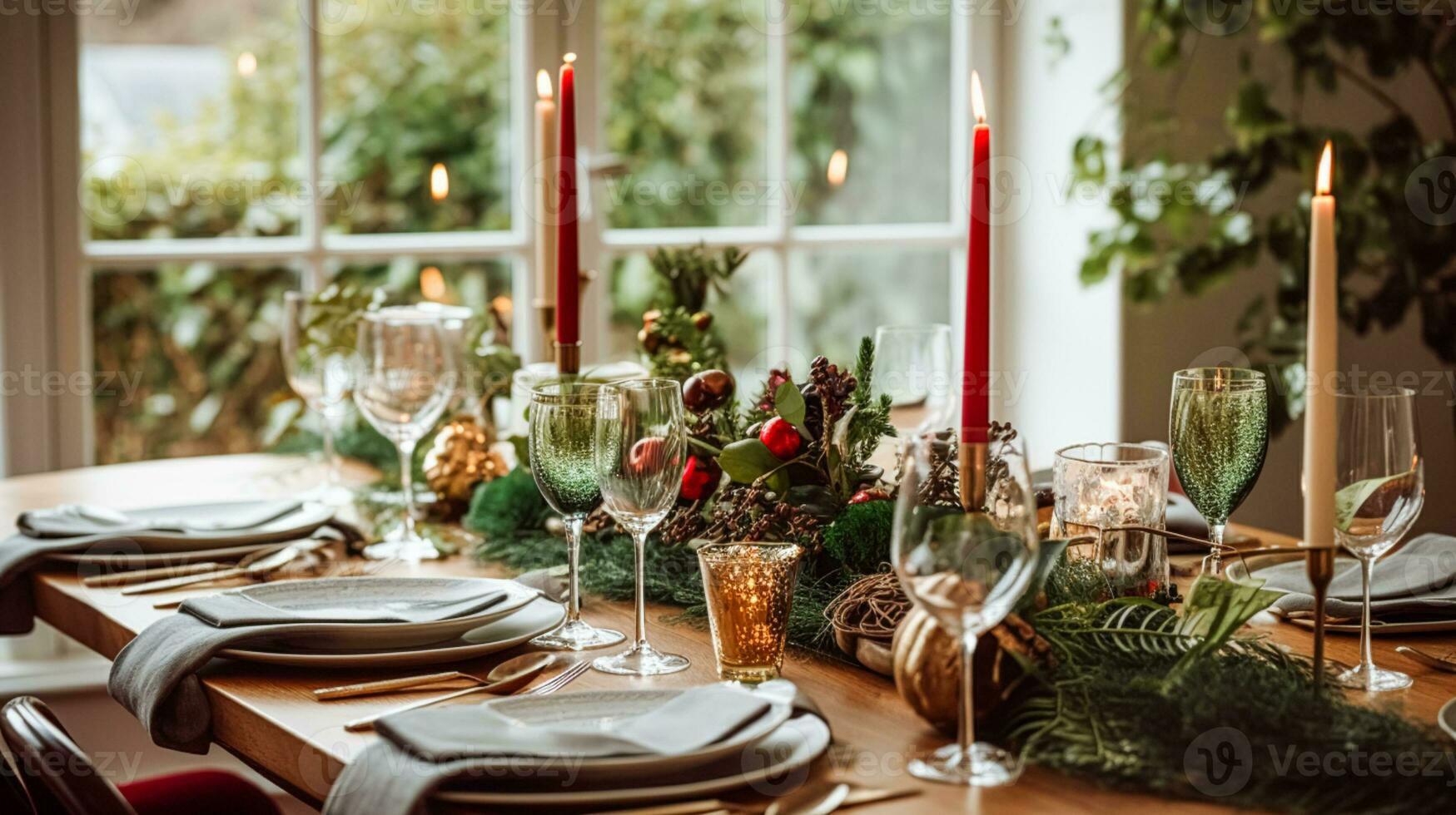 ai generado mesa decoración, fiesta paisaje de mesa y formal cena mesa ajuste para Navidad, Días festivos y evento celebracion, Inglés país decoración y hogar peinado foto