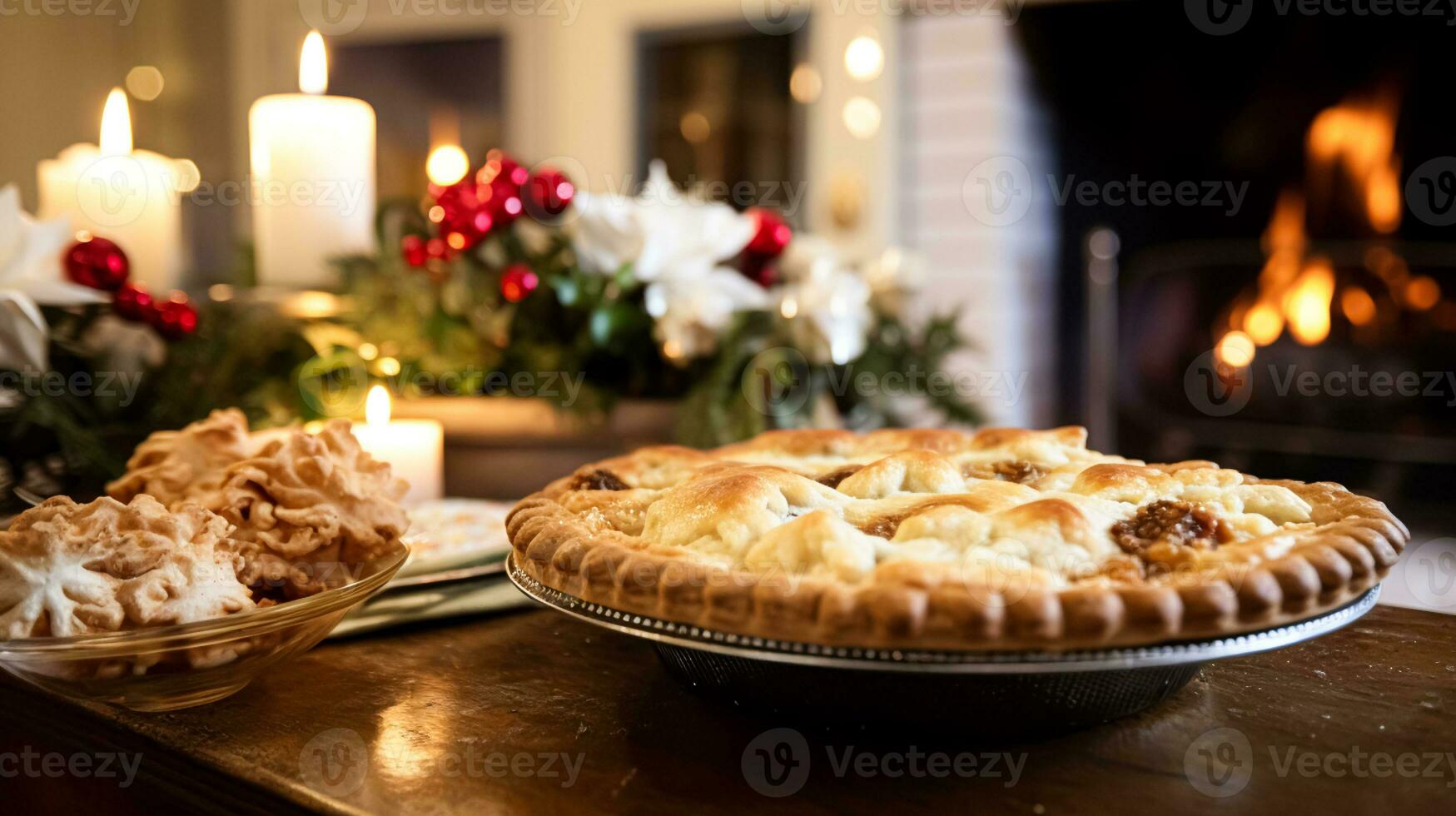 AI generated Christmas pie, holiday recipe and home baking, meal for cosy winter English country dinner in the cottage, homemade food and british cuisine photo