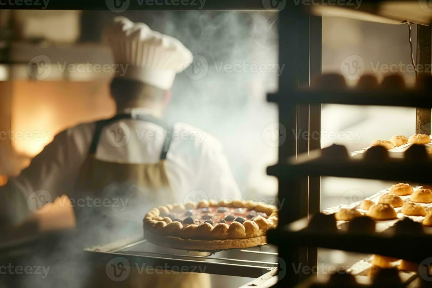 AI generated Baker baking fresh bread and pastry in the old town bakery in the morning, hot freshly baked products on shelves and the oven, small local business and food production. Generative Ai photo