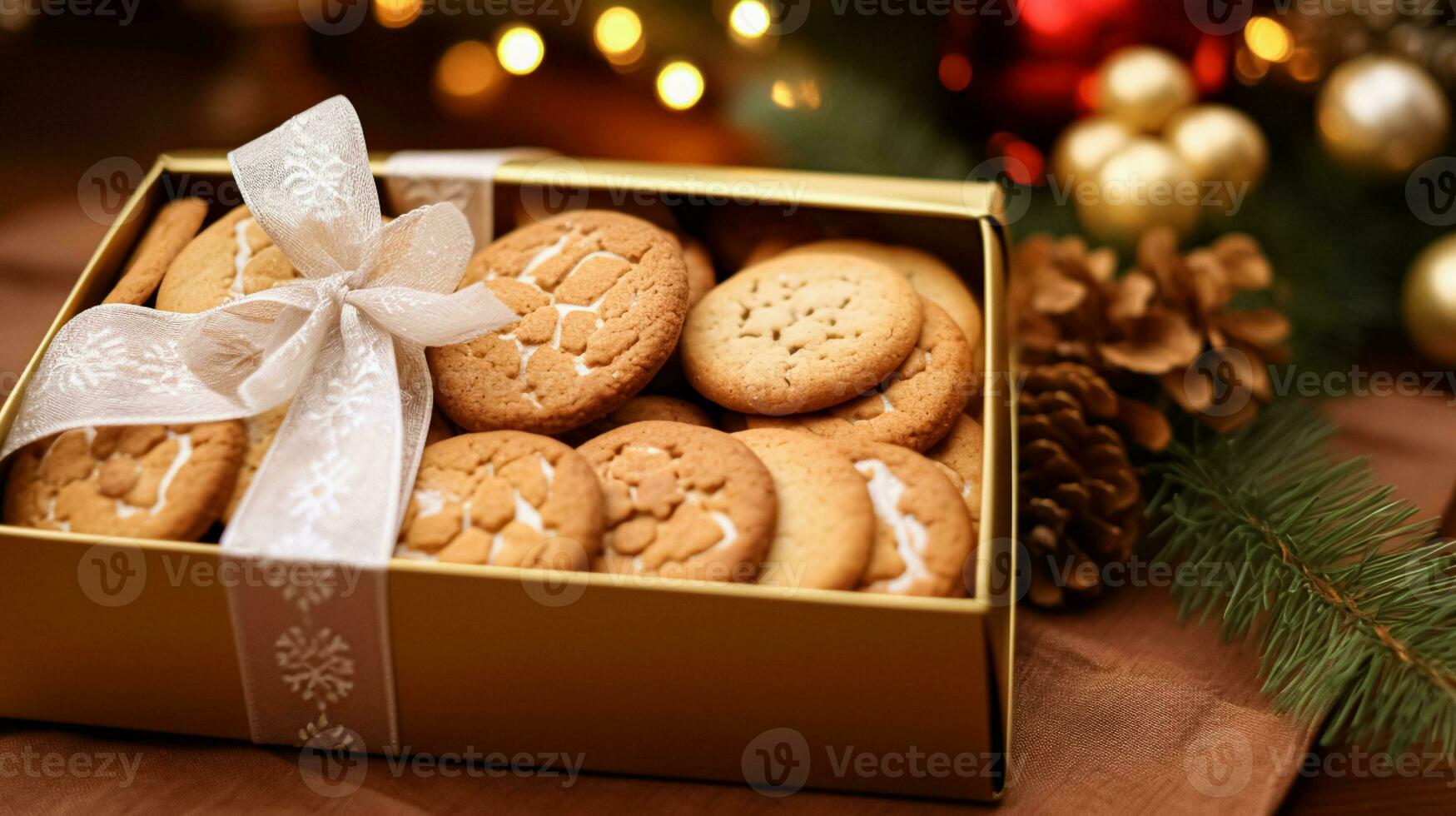 AI generated Christmas biscuits, holiday biscuit gift box and home bakes, winter holidays present for English country tea in the cottage, homemade shortbread and baking recipe photo