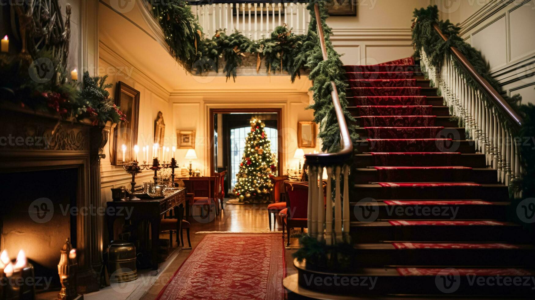 AI generated Christmas at the manor, grand entrance hall with staircase and Christmas tree, English countryside decoration and interior decor photo