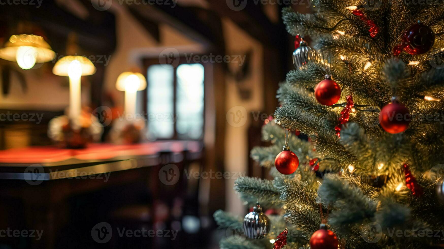 AI generated Christmas tree decorations for the English country cottage, home decor, house in the countryside and holiday celebration photo