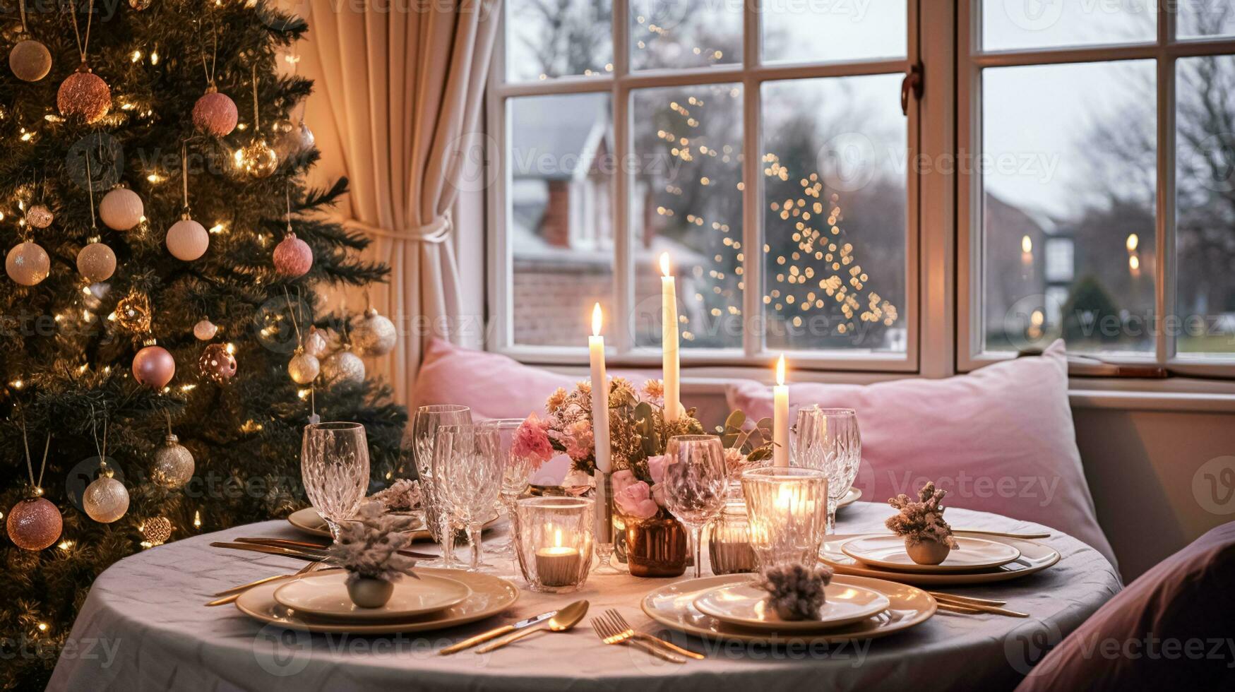 AI generated Table decor for festive family dinner at home, holiday tablescape and table setting, formal for wedding, celebration, English country and home styling photo