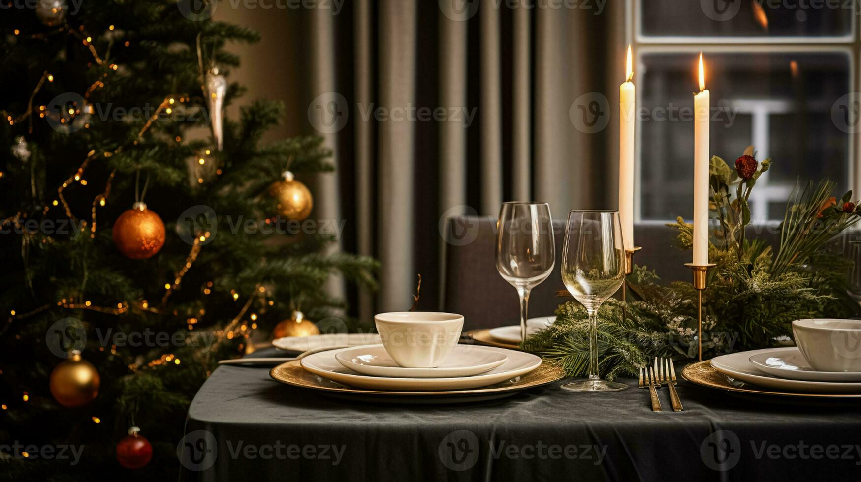 AI generated Table decor for festive family dinner at home, holiday tablescape and table setting, formal for wedding, celebration, English country and home styling photo