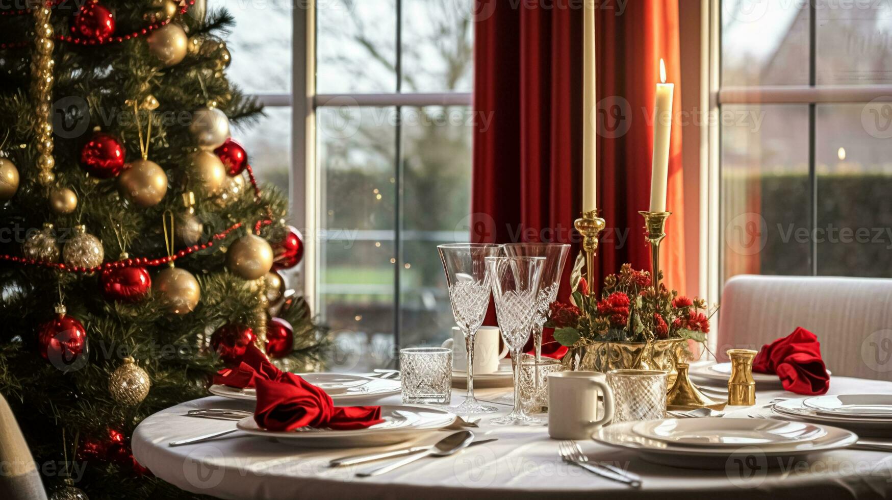 AI generated Christmas holiday family breakfast, table setting decor and festive tablescape, English country and home styling photo