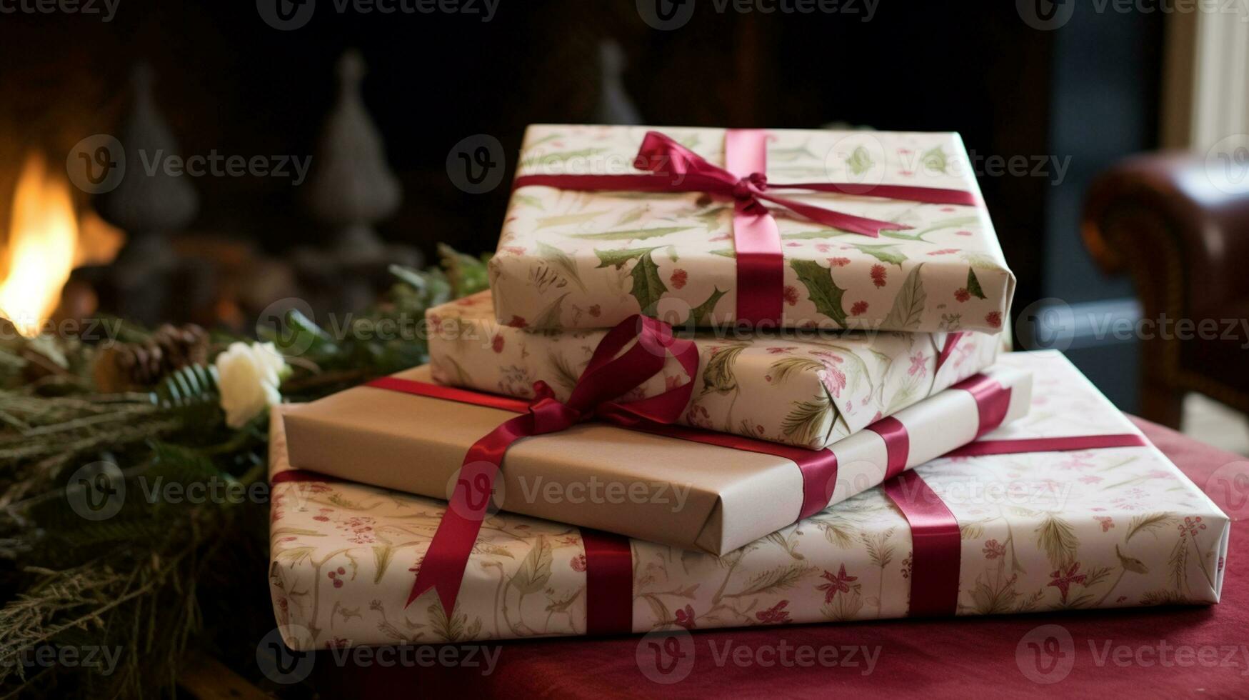 AI generated Christmas gift wrapping idea for boxing day and winter holidays in the English countryside tradition photo