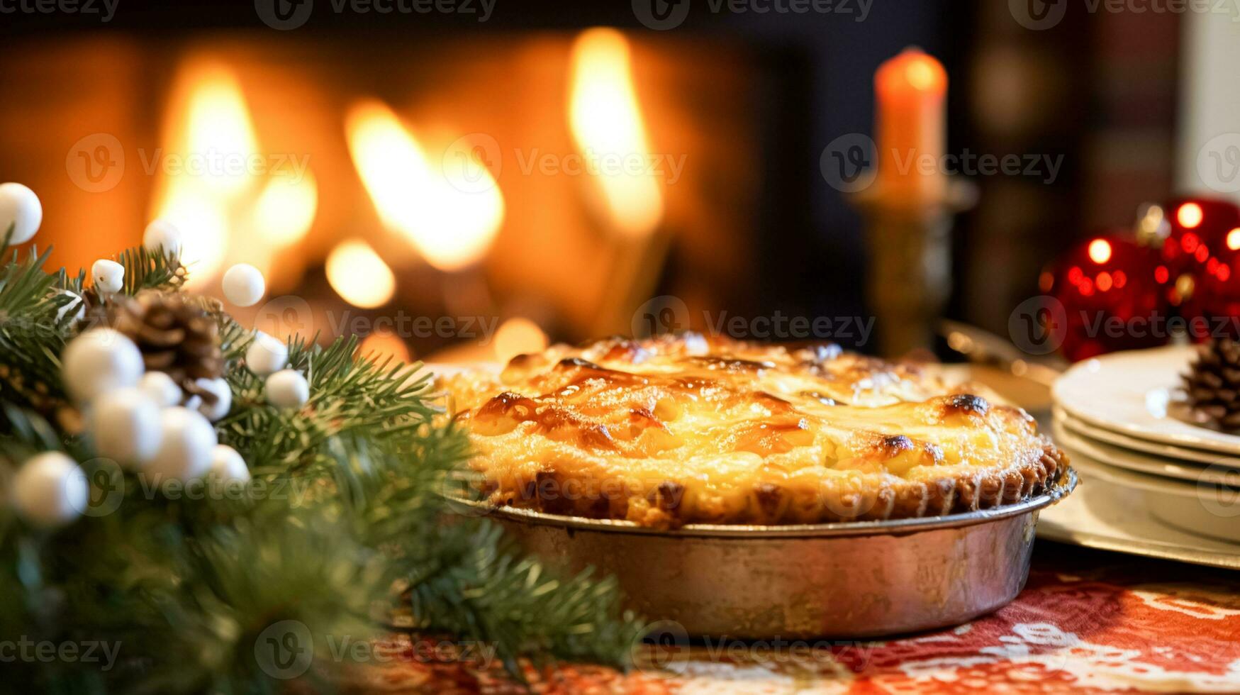 AI generated Christmas pie, holiday recipe and home baking, meal for cosy winter English country dinner in the cottage, homemade food and british cuisine photo