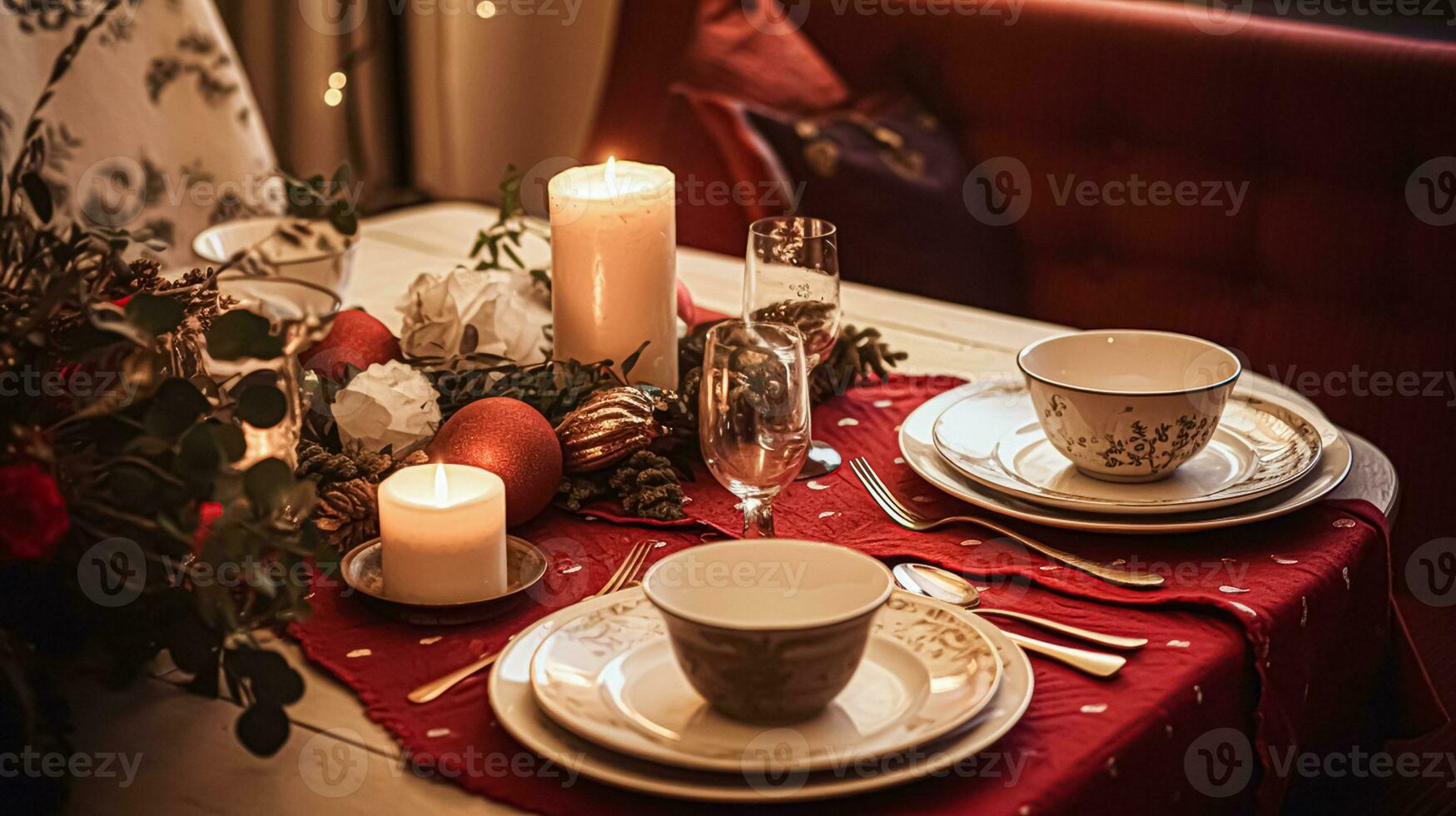 AI generated Festive date night tablescape idea, dinner table setting for two and Christmas, New Year, Valentines day decor, English country home styling photo