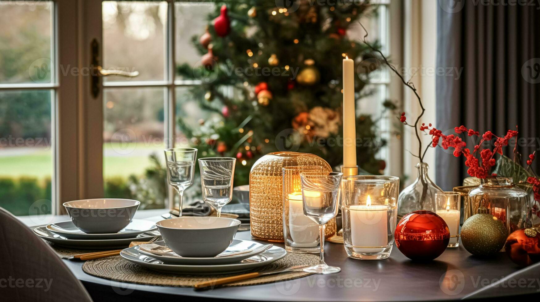 ai generado Navidad fiesta familia desayuno, mesa ajuste decoración y festivo paisaje de mesa, Inglés país y hogar peinado foto