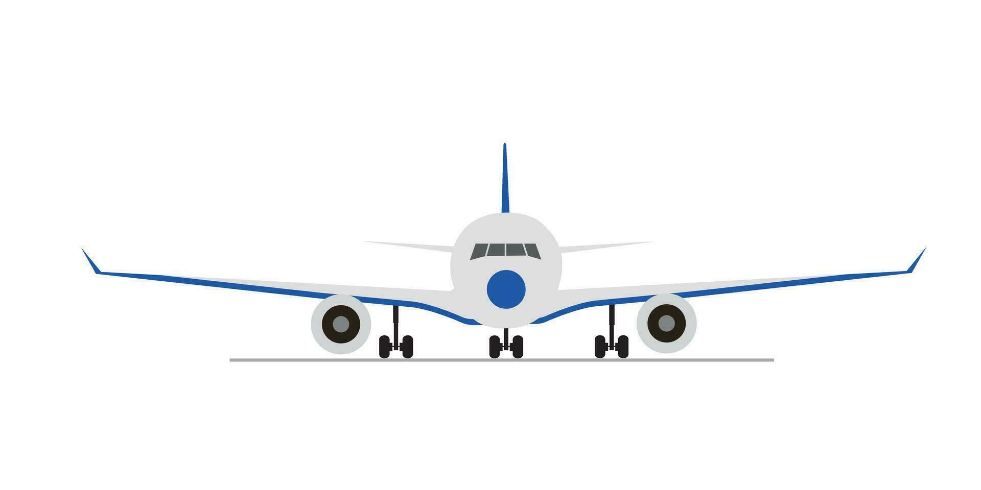 Passenger airplane, front view. Flat vector illustration of aeroplane with portholes, wings and engines