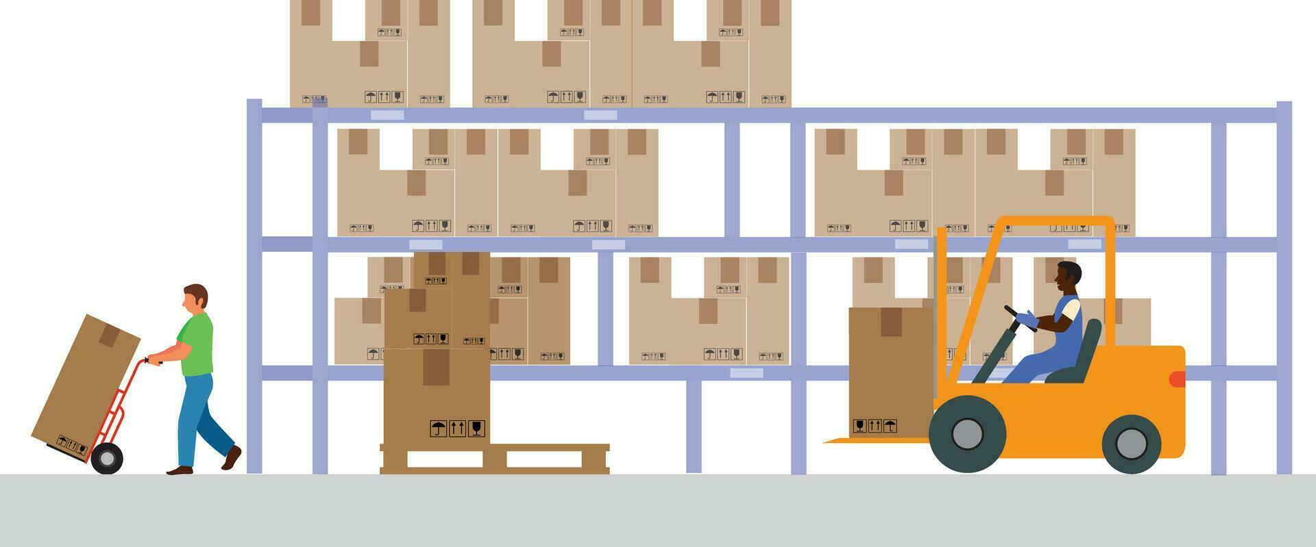 Moving boxes in the warehouse by means of a hydraulic forklift truck. Storage, sorting and delivery. Storage equipment. Flat vector illustration
