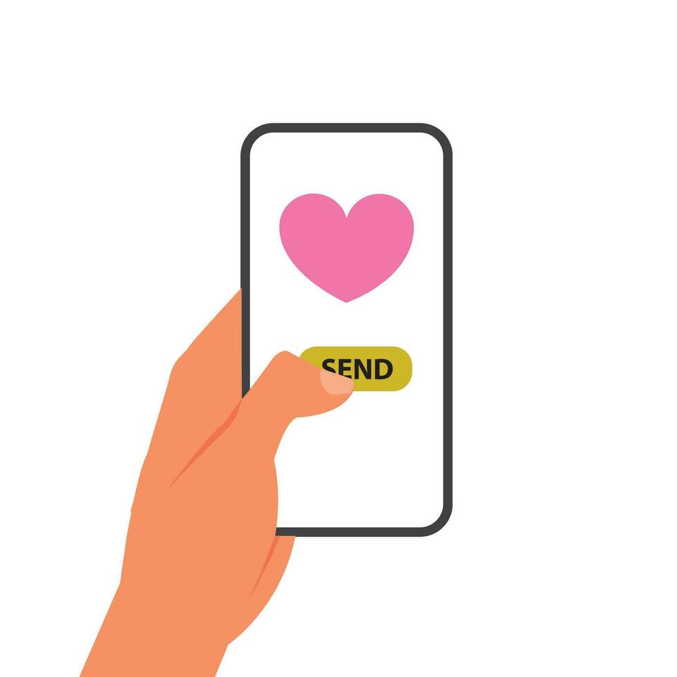 Sending love message concept. Hand holding phone with heart, send button on the screen. Finger touch screen. Vector flat cartoon illustration for advertisement, web sites, banners, infographics design