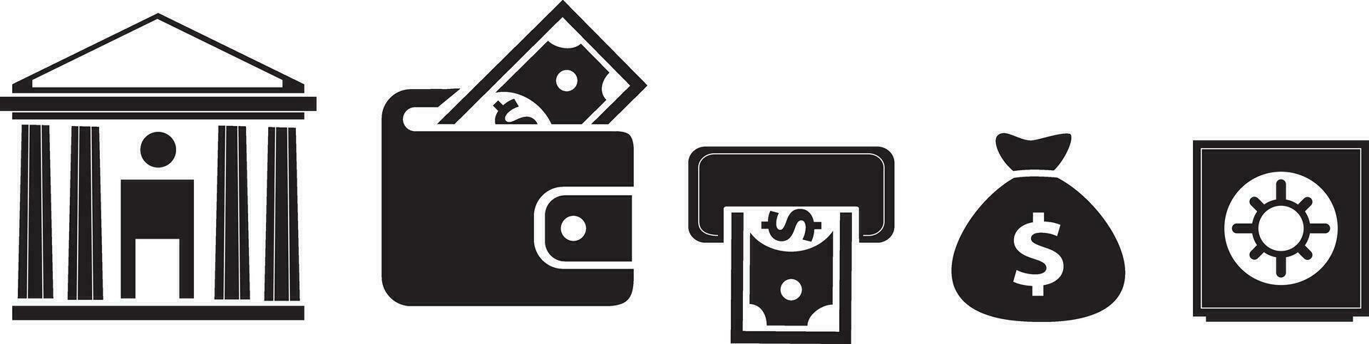 Bank and finance icon set. Bank building, cash, ATM, money bag, safe icon silhouette, vector. vector