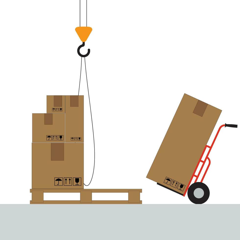 Boxes on a pallet are lifted with a crane hook. Beige cardboard closed box stack with fragile sign on wooden pallets, packaging cargo storage, industry shipment, shipping goods. Vector illustration