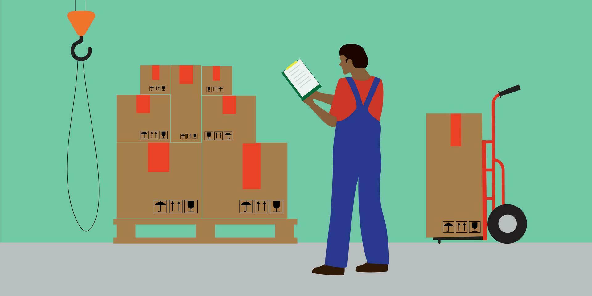 almacén trabajador comprobación bienes en cajas valores tomando trabajo. moderno plano estilo ilustración aislado vector