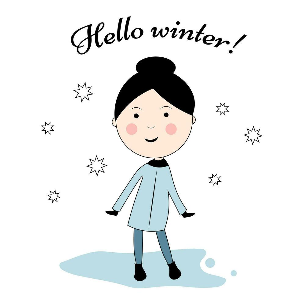 Hola invierno. un niña en un azul abrigo. vector