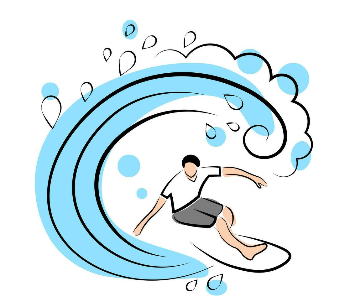 The surfer rides on the board. Tube in surf. Vector illustration in doodle style isolated on white background