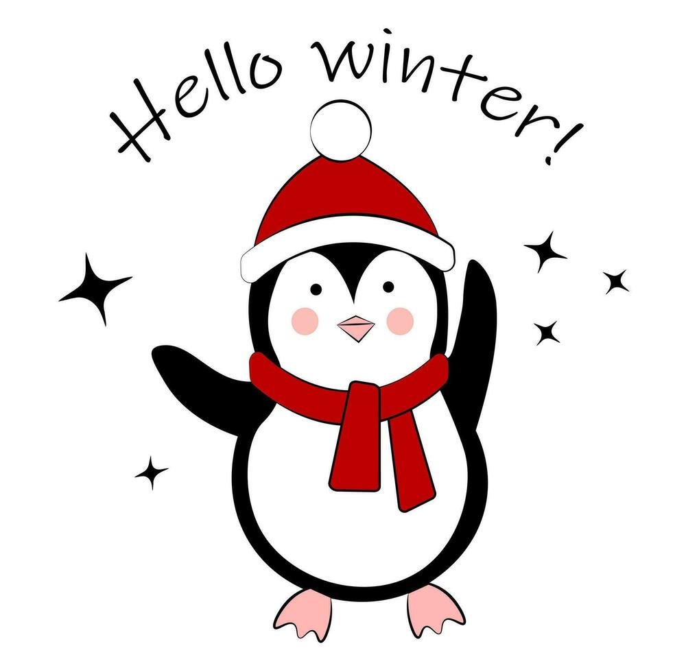 Penguin in hat and scarf on white background vector