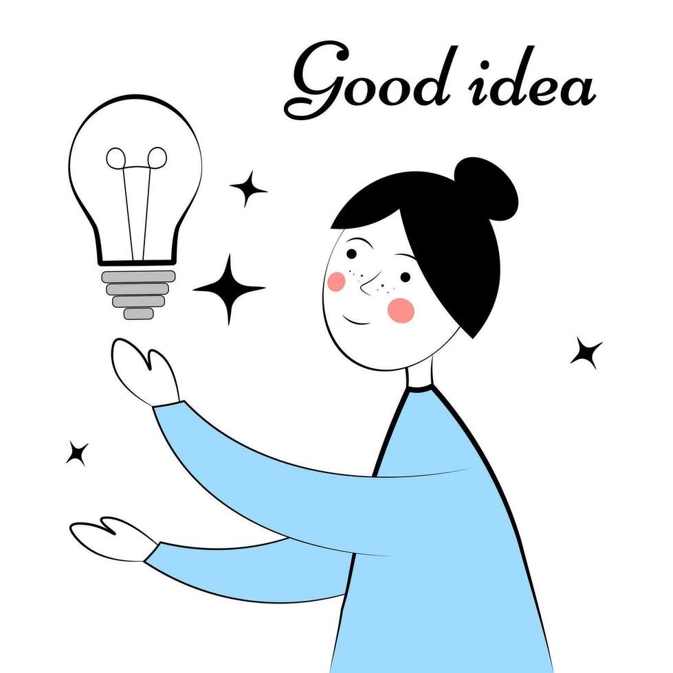 Woman with a light bulb on a white background. Good idea vector