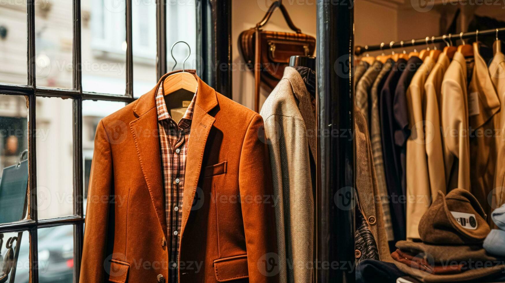 AI generated Menswear store in English countryside style, autumn winter clothing collection photo