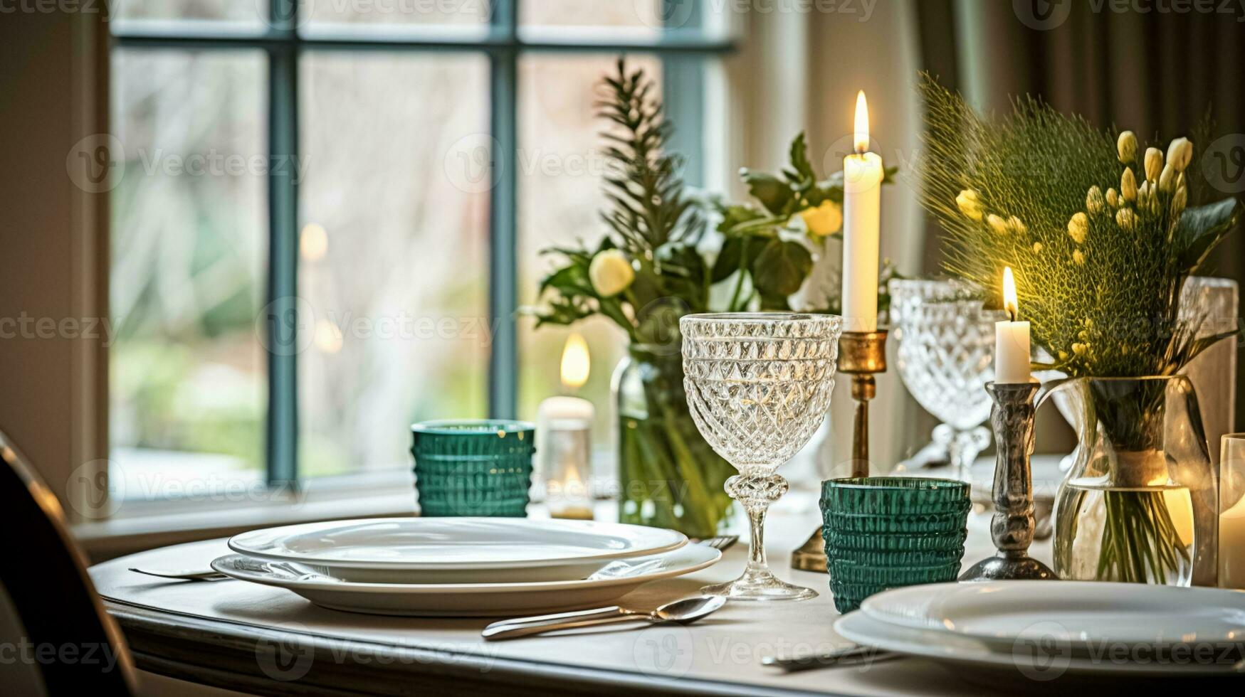 AI generated Christmas holiday family breakfast, table setting decor and festive tablescape, English country and home styling photo