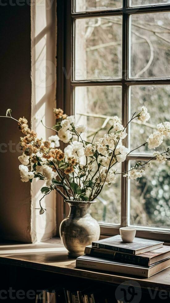 AI generated Floral arrangement with winter, autumn or early spring botanical plants and flowers photo