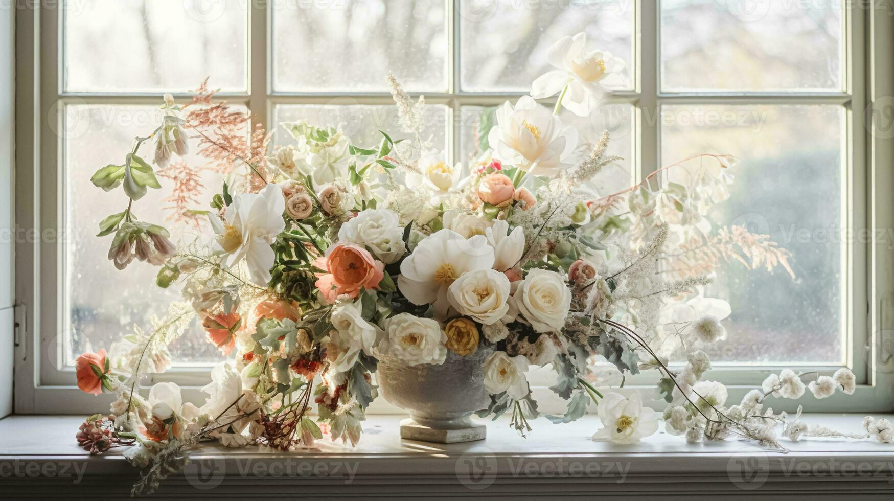 AI generated Floral arrangement with winter, autumn or early spring botanical plants and flowers photo