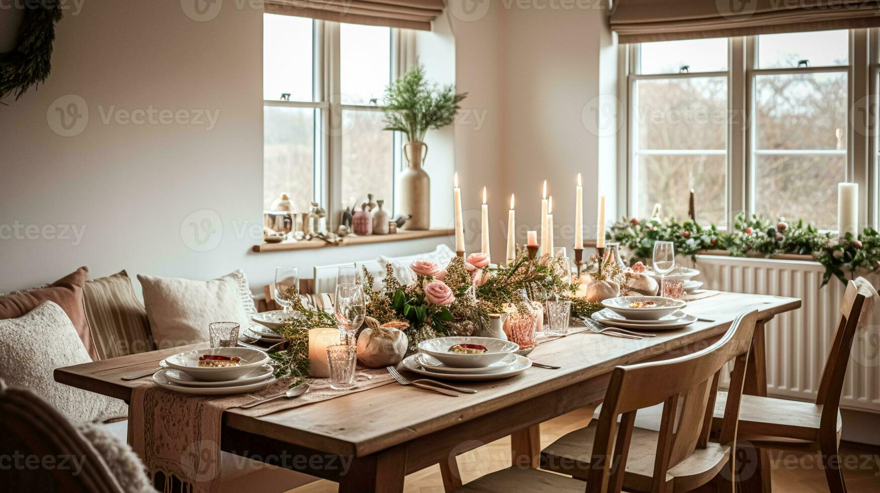 AI generated Christmas holiday family breakfast, table setting decor and festive tablescape, English country and home styling photo