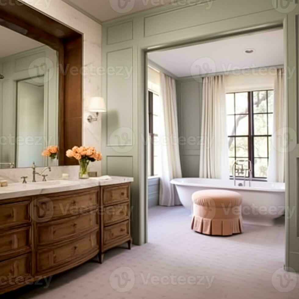 AI generated Classic bathroom decor, interior design and home improvement, bathtub and bathroom furniture, English country house and cottage style, generative ai photo