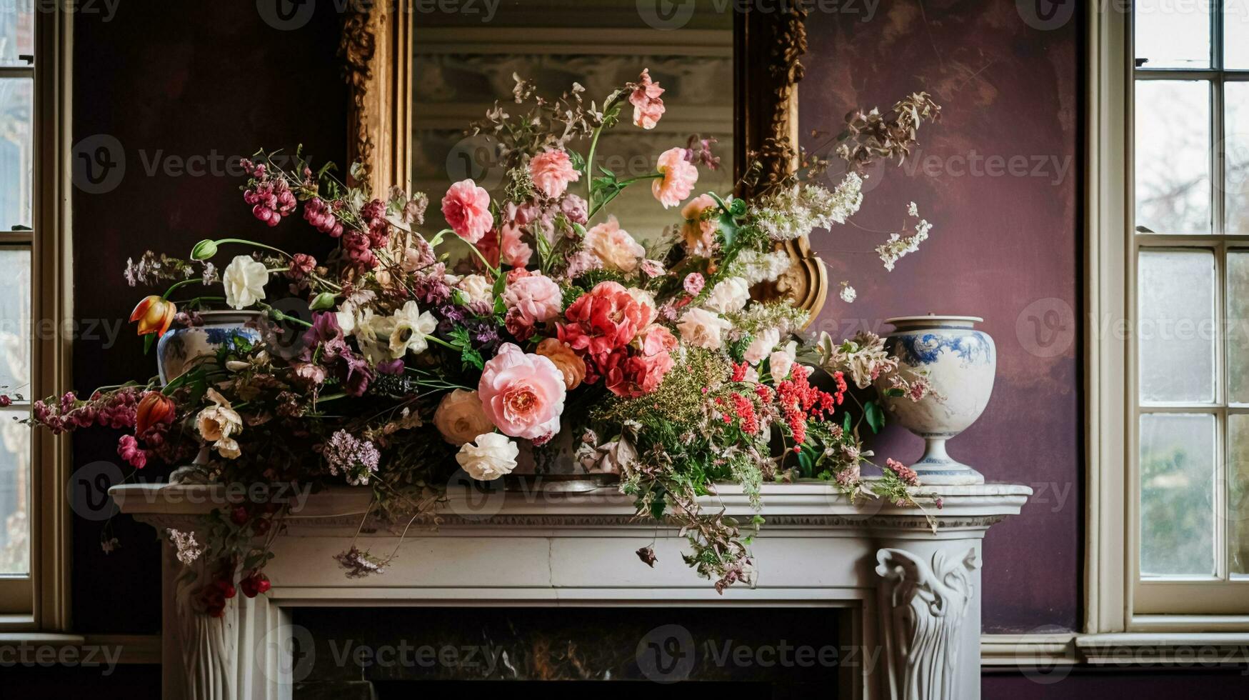 AI generated Floral arrangement with winter, autumn or early spring botanical plants and flowers photo