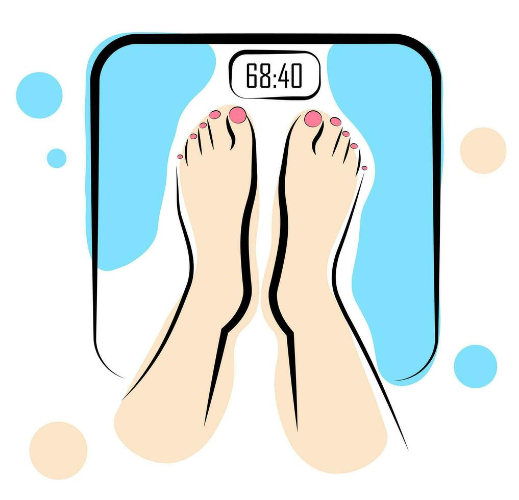 The girl is standing on the scales. Correction of the figure. Slimming vector