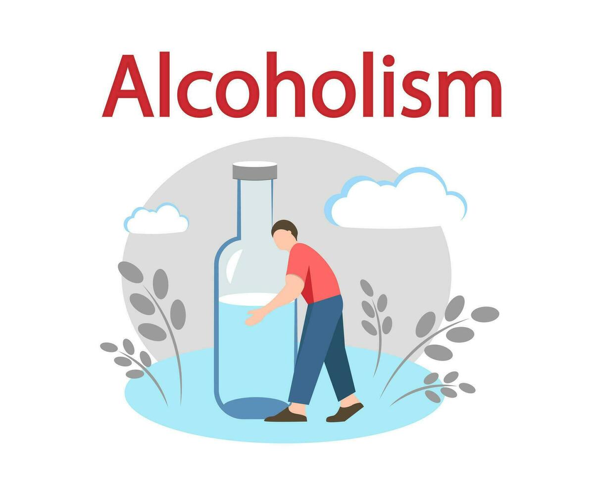 A man and a bottle of vodka. Alcohol dependence vector