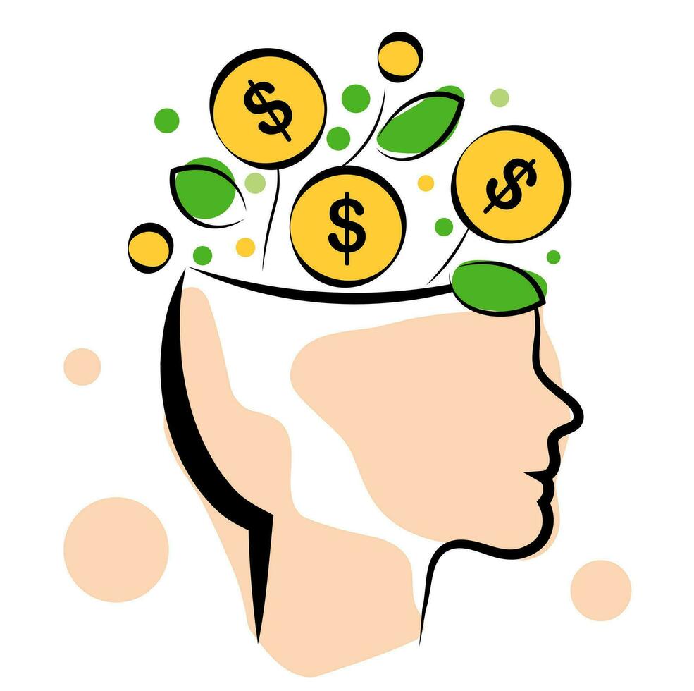 Money is growing from the head. Doodle vector