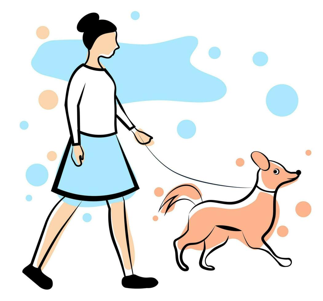 un mujer camina su perro. garabatear vector