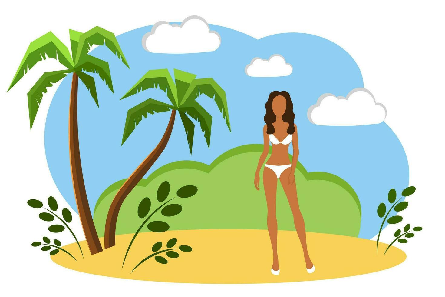 Girl in white swimsuit on the beach. vector