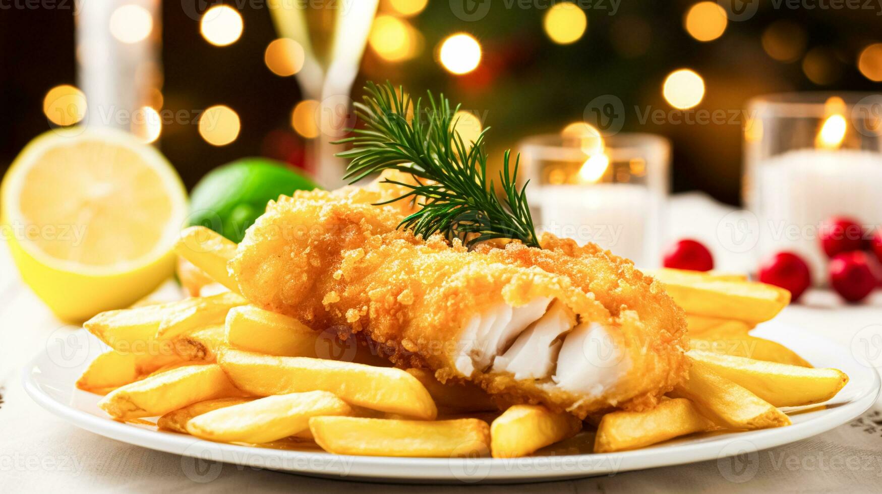 AI generated Fish and chips for winter holiday dinner, traditional British cuisine recipe in English country home, holidays celebration and homemade food photo