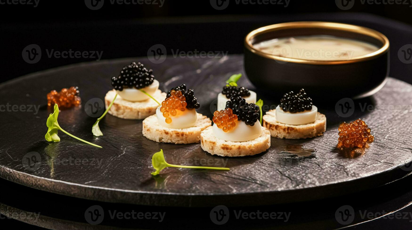 ai generado alimento, hospitalidad y habitación servicio, inicio aperitivos con caviar como Exquisito cocina en hotel restaurante un la carta menú, culinario Arte y multa comida foto