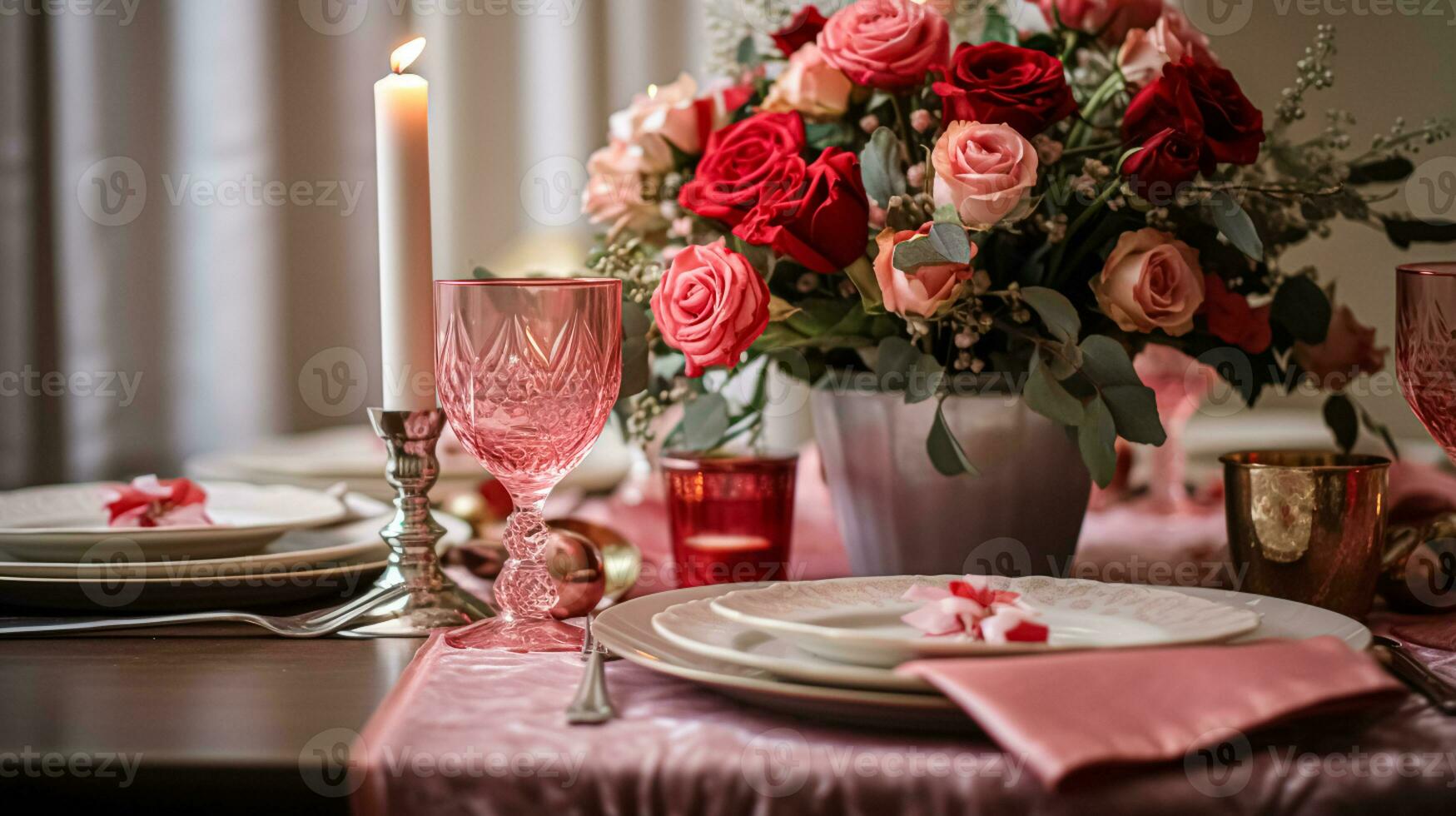 AI generated Table decor for festive family dinner at home, holiday tablescape and table setting, formal for wedding, celebration, English country and home styling photo