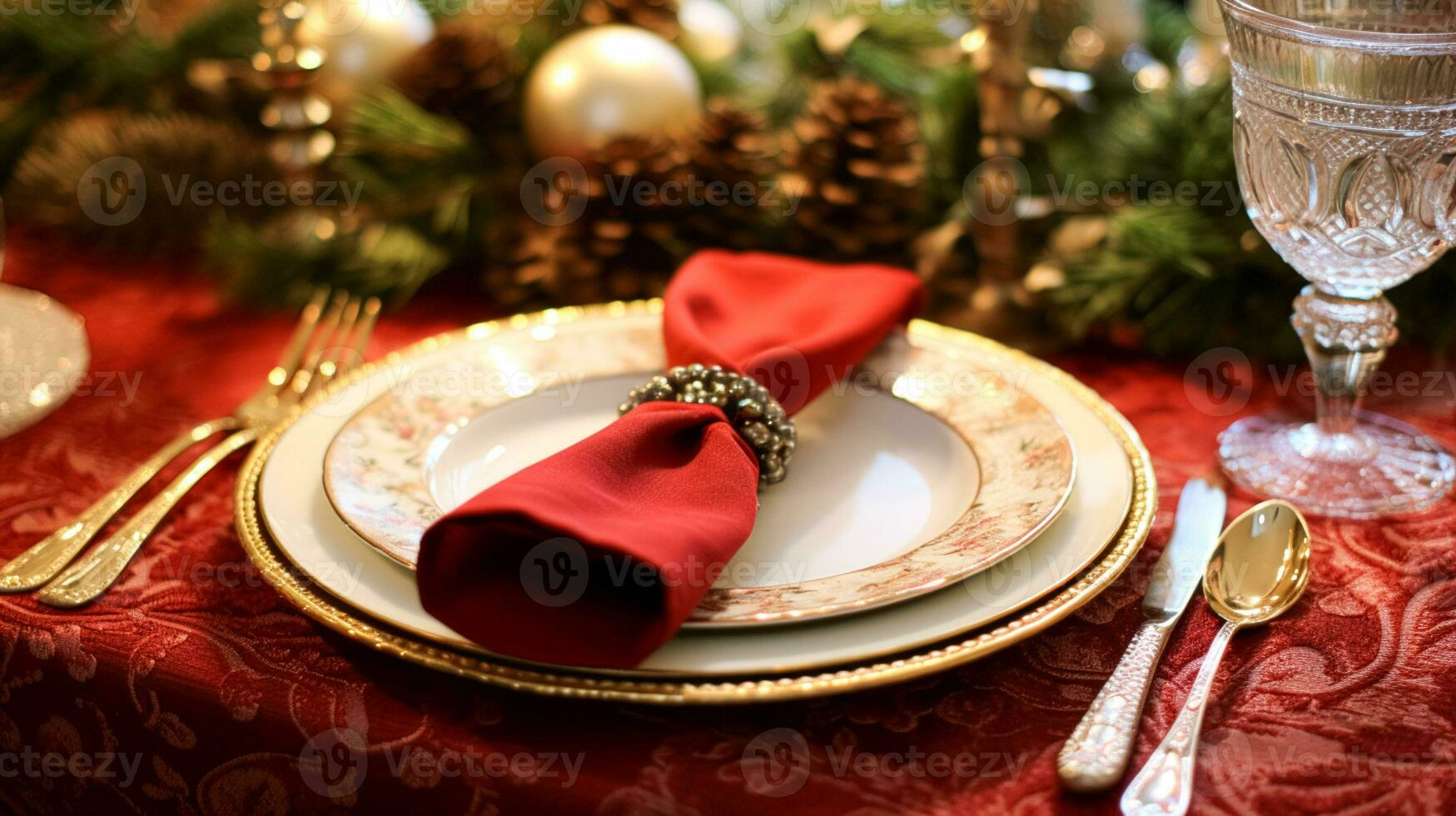 AI generated Christmas table decor, holiday tablescape and dinner table setting, formal event decoration for New Year, family celebration, English country and home styling photo