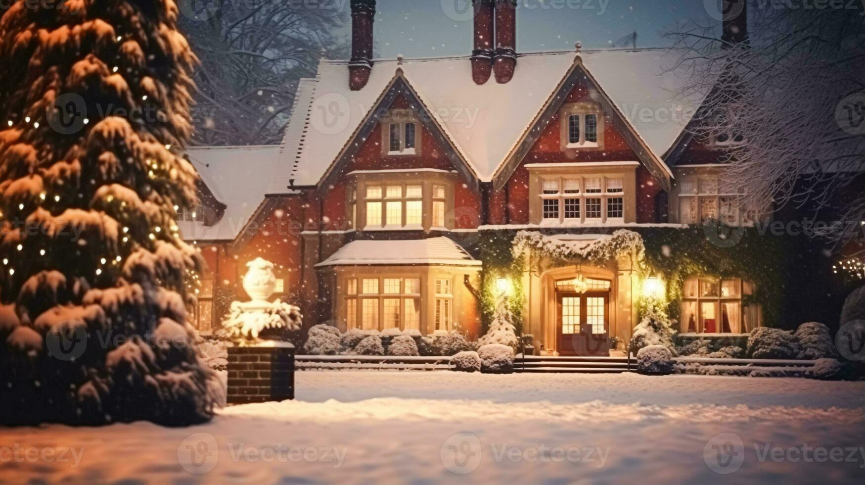 AI generated Christmas in the countryside manor, English country house mansion decorated for holidays on a snowy winter evening with snow and holiday lights, Merry Christmas and Happy Holidays photo