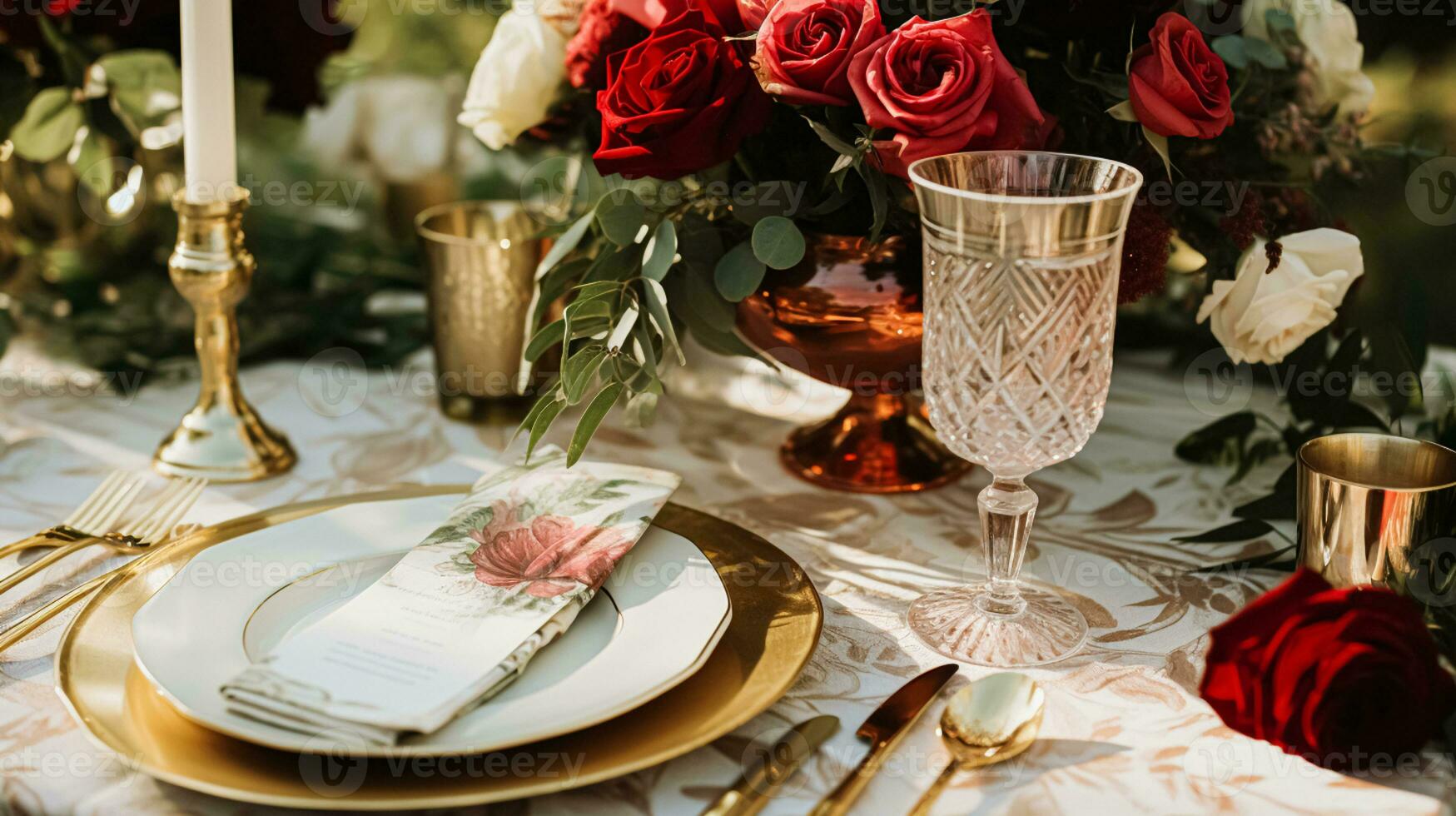 AI generated Wedding and event celebration tablescape with flowers, formal dinner table setting with roses and wine, elegant floral table decor for dinner party and holiday decoration, home styling photo