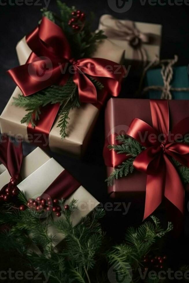 AI generated Classic Christmas presents and holiday gifts, wrapped gift boxes under Christmas tree, boxing day and holidays shopping, generative ai photo