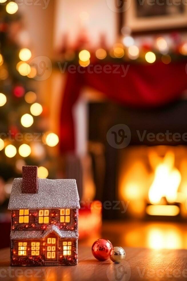 ai generado Navidad juguete cabaña, fiesta tiempo, país estilo decoración y acogedor atmósfera en el Inglés campo casa con Navidad árbol y hogar en fondo, invierno Días festivos foto