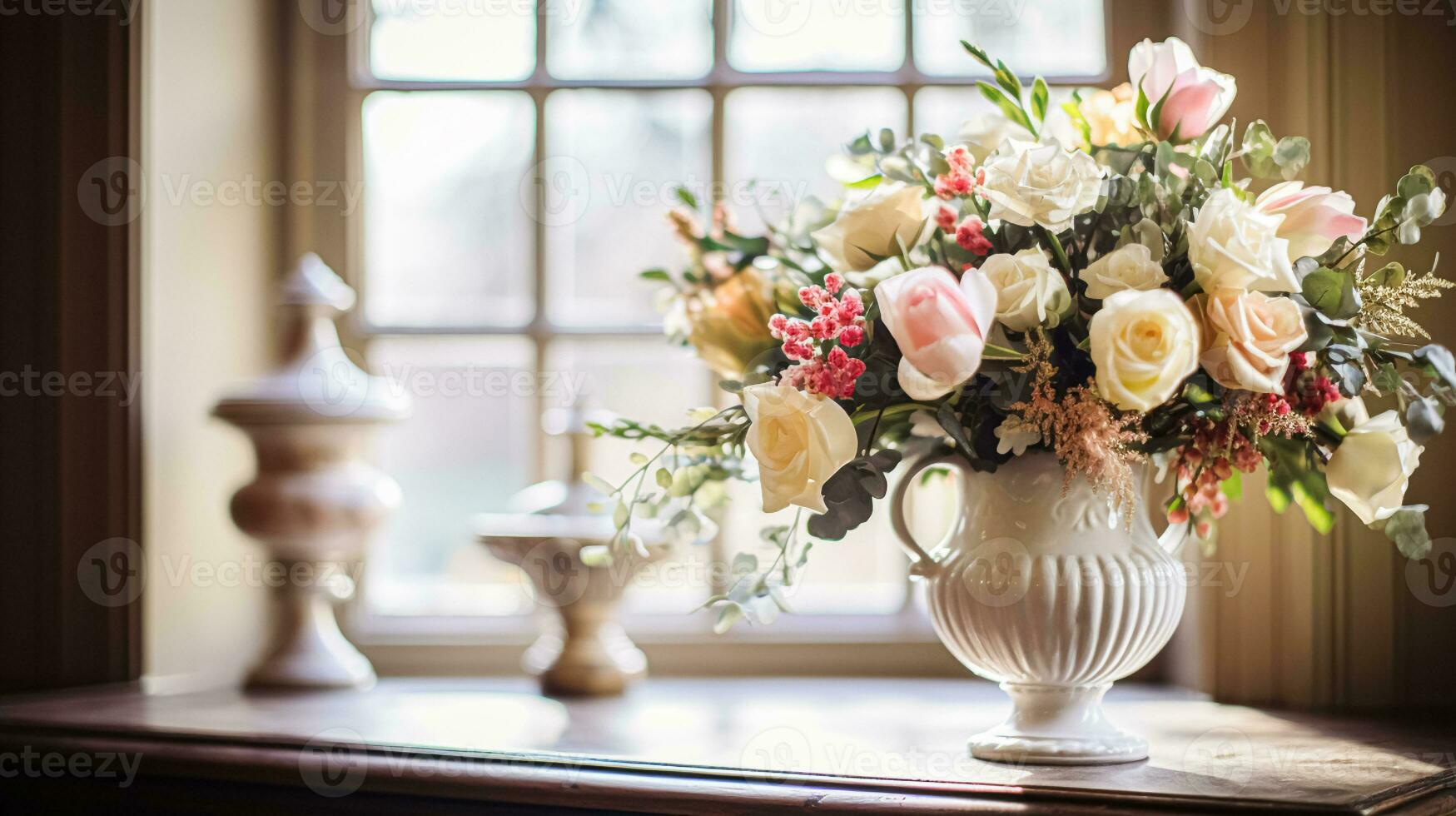 AI generated Floral arrangement with winter, autumn or early spring botanical plants and flowers photo