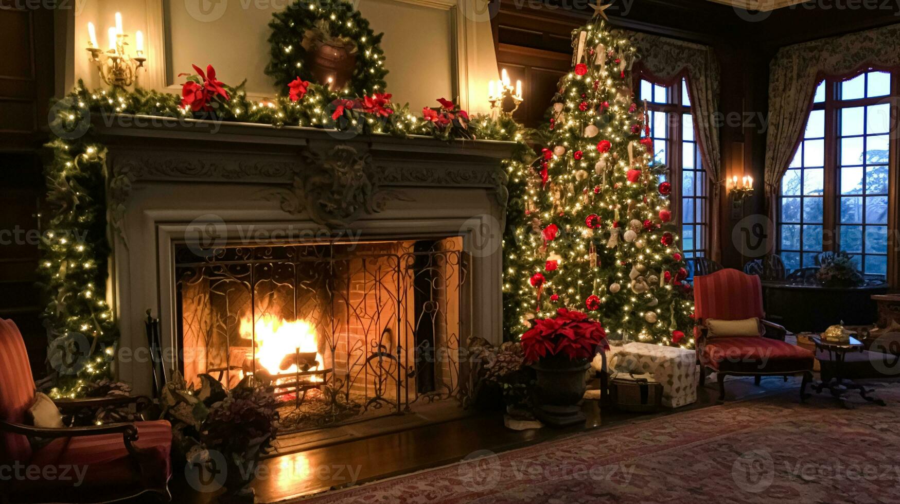 AI generated Christmas at the manor, English countryside decoration and interior decor photo