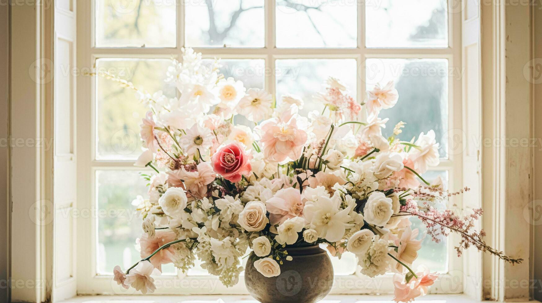 AI generated Floral arrangement with winter, autumn or early spring botanical plants and flowers photo