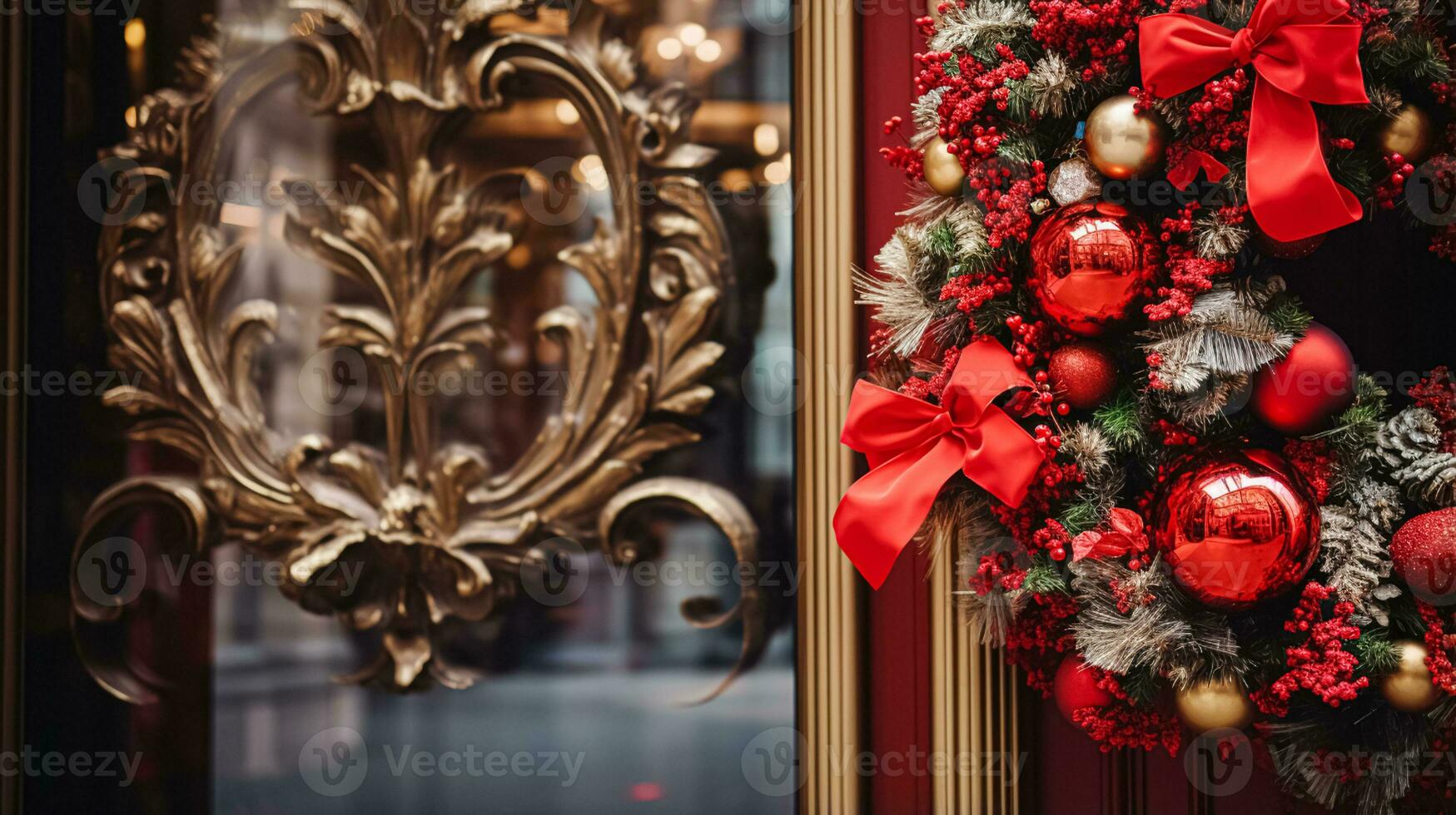 AI generated Christmas decoration details on English styled luxury high street city store door or shopping window display, holiday sale and shop decor photo