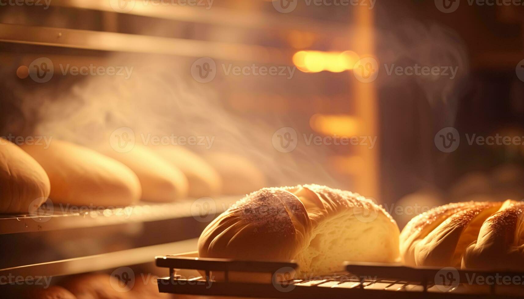 AI generated Bakery in the morning, hot fresh bread and pastry baking in the old town bakery, freshly baked products on shelves and the oven, small local business and food production. Generative Ai photo